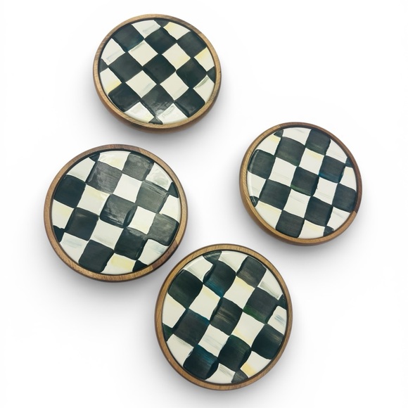 MacKenzie-Childs Other - MacKenzie Childs Set of 4 Courtly Check Enamel Coasters On Wood Base